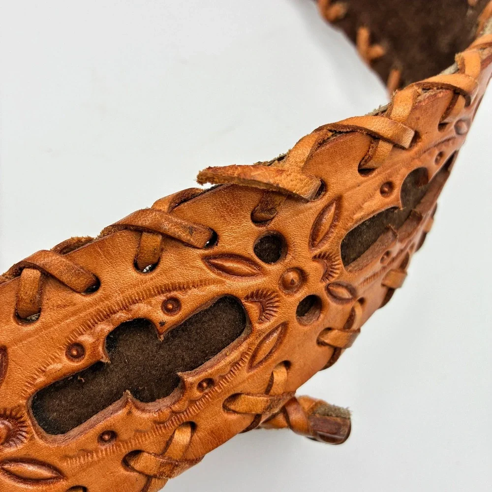 Vintage Hand Tooled Leather Belt Mens 38 Tan Whipstitch Western Boho Cutout